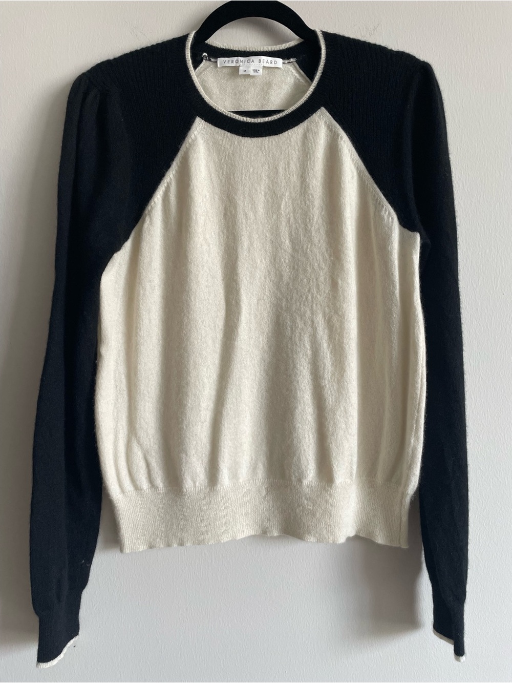 Veronica Beard Albertina Sweater Ivory Black Raglan Sleeves Baseball Cashmere M